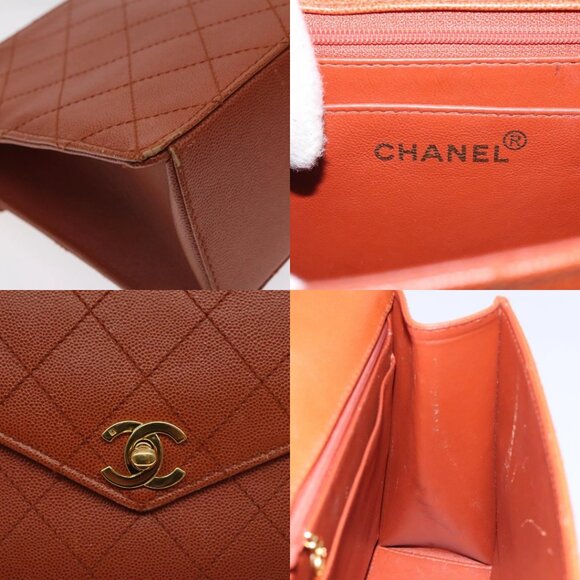 CHANEL Matelasse Hand Bag Grained Calf Skin Brown Gold CC Auth 130197 - Picture 12 of 14